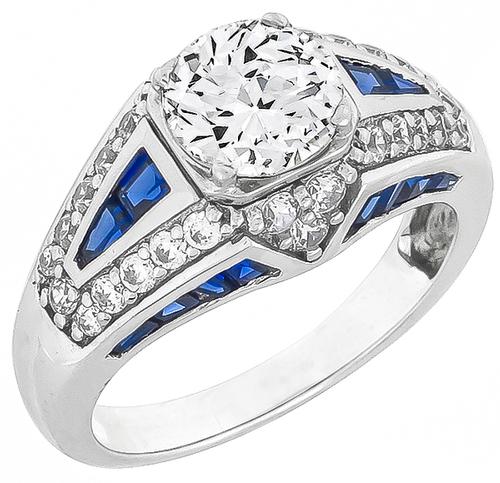 Old Mine Cut Diamond Sapphire 14k White Gold Engagement Ring