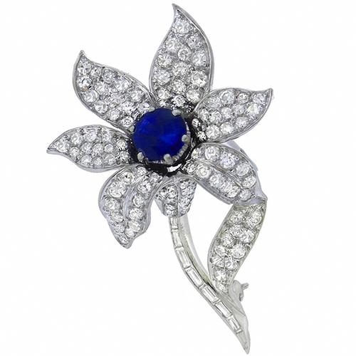 1950s 1.20ct  Round Cut  Ceylon  Sapphire 2.50ct Round & Baguette Cut  Diamond 14k White Gold Floral Pin 