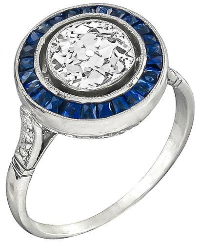 Old Mine Cut Diamond Sapphire Platinum Engagement Ring