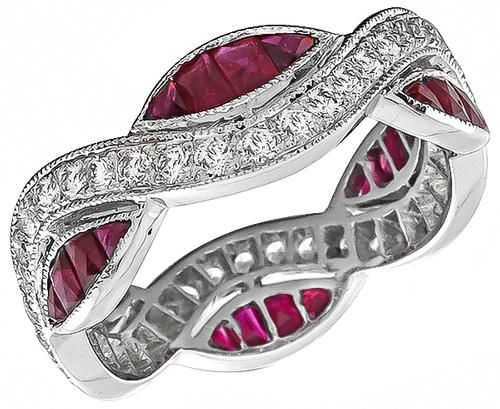 Round Cut Diamond French Cut Ruby 18k White Gold Wedding Band