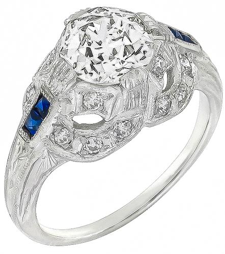 Art Deco Old Mine Cut Diamond Sapphire Platinum Engagement Ring