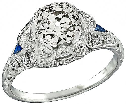 Art Deco Old Mine Cut Diamond Sapphire Platinum Engagement Ring