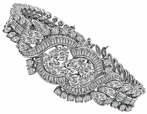 1950s Marquise Baguette Round and Pear Shape Diamond Platinum Bracelet