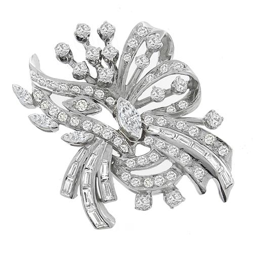 1950s 2.00ct Marquise, Round  and Baguette Cut Diamond 14k White Gold Pin 