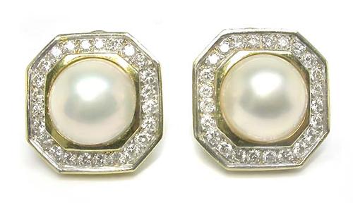 1960's Round Cut Diamond Pearl 14k Yellow Gold Earrings