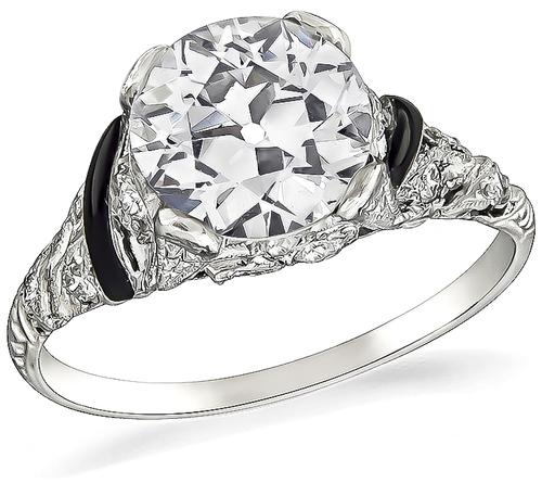 Art Deco Old Mine Cut Diamond Onyx Platinum Engagement Ring