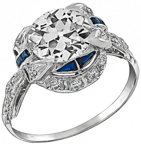 Art Deco Cushion Cut Diamond Sapphire Platinum Engagement Ring