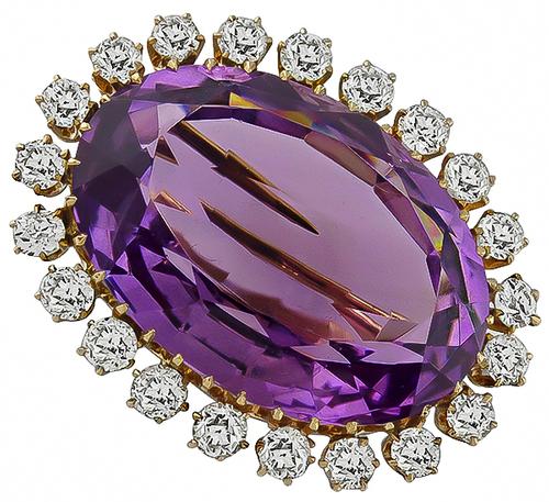 Victorian Oval Cut Amethyst Old Mine Cut Diamond 14k Yellow Gold Pin