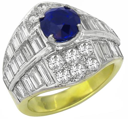 Vintage 2.51ct Round Cut Ceylon Sapphire 7.00ct Baguette and Round Cut Diamond 18k Yellow and White Gold Ring