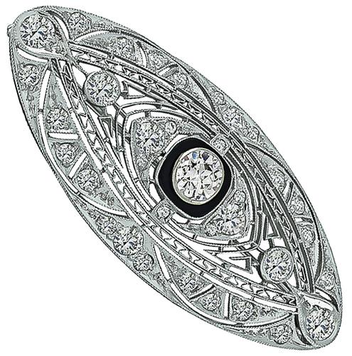 Art Deco Old Mine Cut Diamond Onyx Platinum Pin