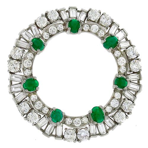 Estate 3.40ct Round & Baguette Cut Diamond Cabochon  Emerald 14k White Gold  Round  Pin