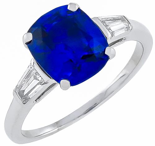 1950s 3.52ct Cushion Cut Ceylon Sapphire Baguette Cut Diamond Platinum Engagement Ring