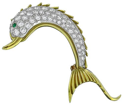 1960s Round Cut Diamond 18k Yellow and White Gold Dolphin Pin