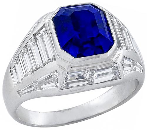 1950s Emerald Cut Ceylon Sapphire Trapezoid and Baguette Cut Diamond 14k White Gold Ring