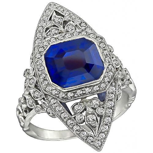 Art Deco Asscher Cut Sapphire Round Cut Diamond Platinum Ring