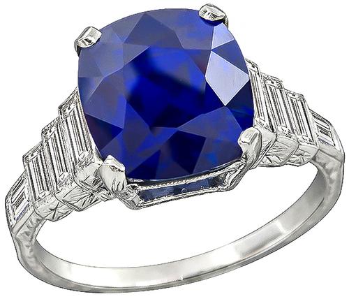 Art Deco Cushion Cut Ceylon Sapphire Baguette Cut Diamond Platinum Engagement Ring