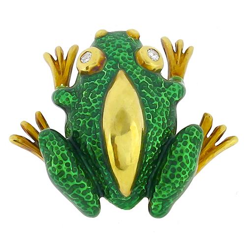 1970s Round Cut Diamond  18k Yellow Gold Enamel Frog Pin