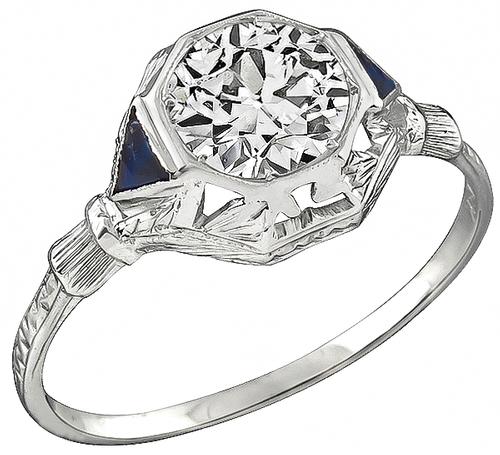 Art Deco Old European Cut Diamond Sapphire 18k White Gold Engagement Ring
