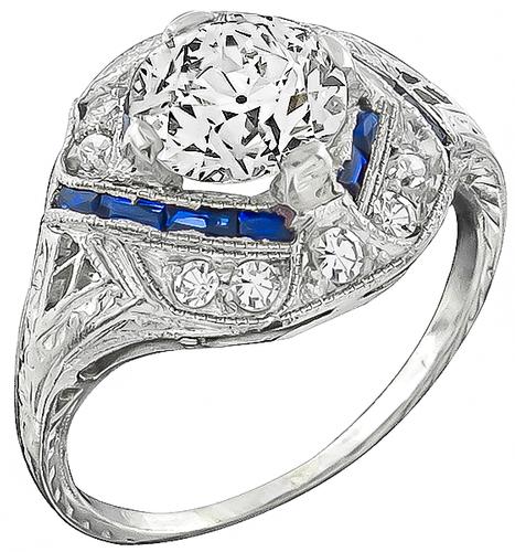 Art Deco Old European Cut Diamond Sapphire Platinum Engagement Ring