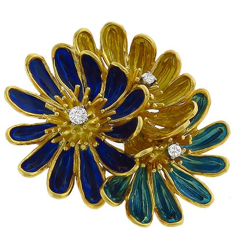 1960s Multi Color Enamel  0.20ct Round Cut Diamond 18k Yellow Gold Flower Pin 