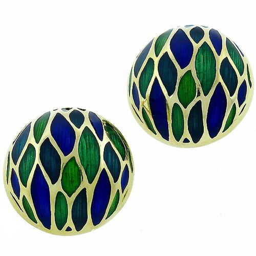 Vintage Blue and Green Enamel Gold Button Earrings