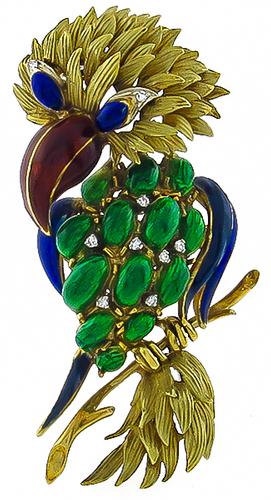 1960s 18k Yellow Gold Enamel Parrot Pin