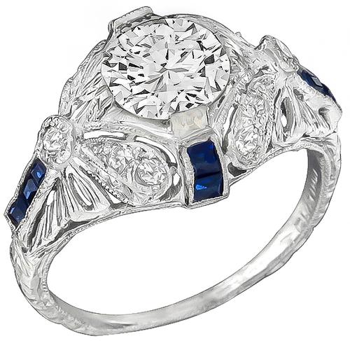 Art Deco Round Brilliant Cut Diamond Sapphire Platinum Engagement Ring