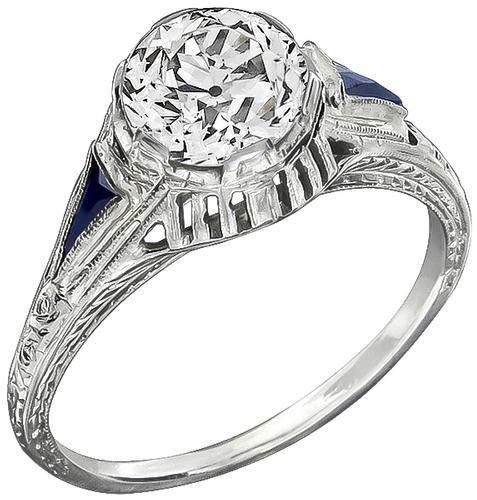 Art Deco GIA Certified Old European Cut Diamond Sapphire 18k White Gold Engagement Ring