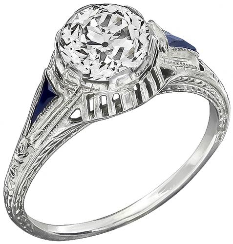 Art Deco GIA Certified Old European Cut Diamond Sapphire 18k White Gold Engagement Ring