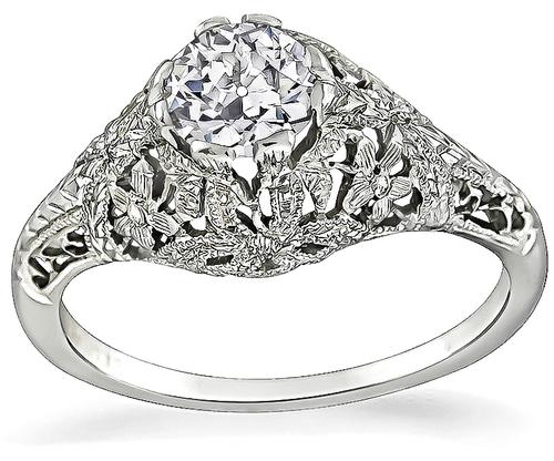 Art Deco Old European Cut Diamond 18k White Gold Engagement Ring