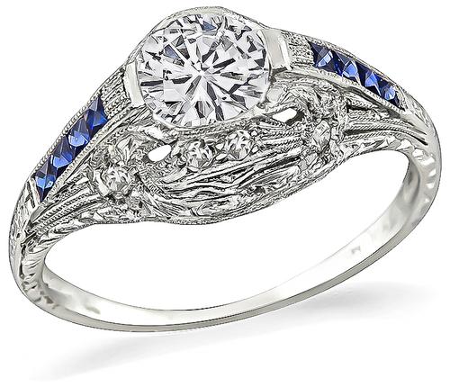 Art Deco Old Mine Cut Diamond Sapphire Platinum Engagement Ring