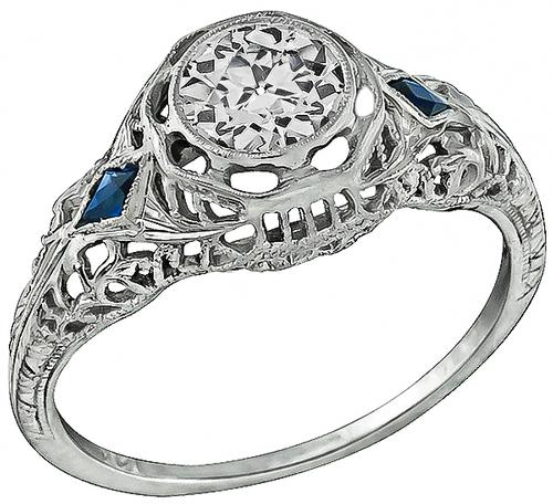 Art Deco Old Mine Cut Diamond Sapphire 18k White Gold Engagement Ring