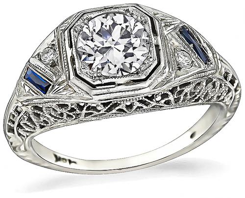 Art Deco Old Mine Cut Diamond Sapphire 18k White Gold Engagement Ring