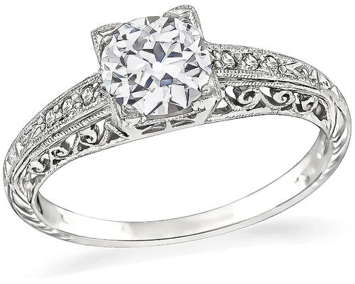 Art Deco Old Mine Cut Diamond Platinum Engagement Ring