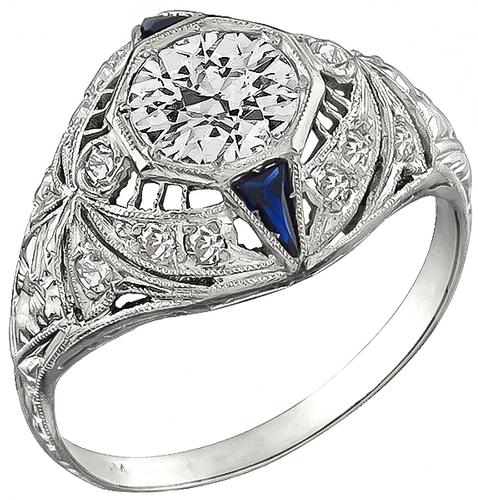 Art Deco Old European Cut Diamond Sapphire Platinum Engagement Ring