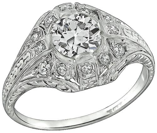 Art Deco Old Mine Cut Diamond Platinum Engagement Ring