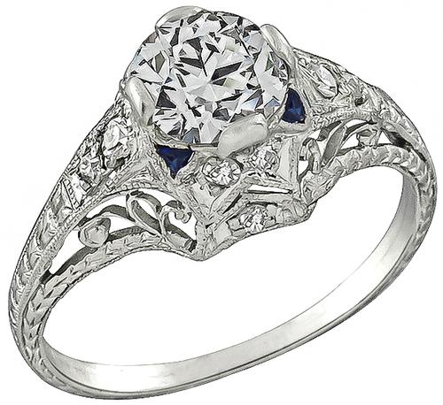 Art Deco Round Cut Diamond Sapphire Platinum Engagement Ring