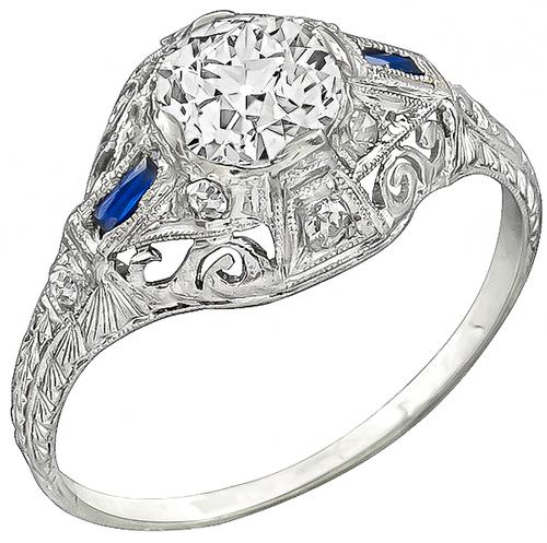 Art Deco Old Mine Cut Diamond Sapphire Platinum Engagement Ring