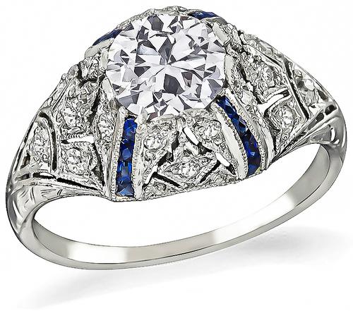 Art Deco Old Mine Cut Diamond Sapphire Platinum Engagement Ring