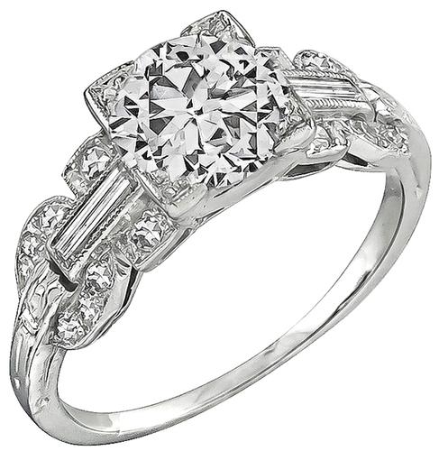 Art Deco Old Mine Cut Diamond Platinum Engagement Ring