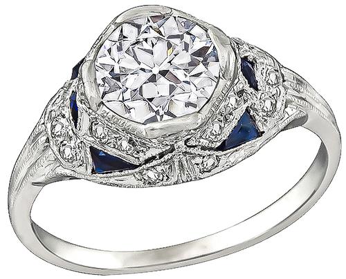 Art Deco Old European Cut Diamond Sapphire Platinum Engagement Ring