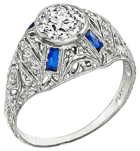 Art Deco Old European Cut Diamond Sapphire Platinum Engagement Ring