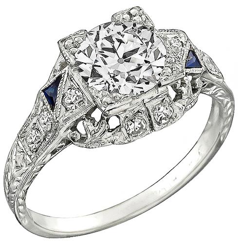 Art Deco Old Mine Cut Diamond Sapphire Platinum Engagement Ring