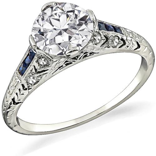 Art Deco Old Mine Cut Diamond Sapphire Platinum Engagement Ring