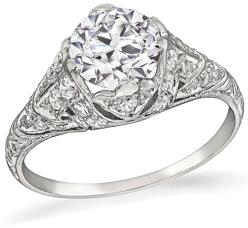 Art Deco Old Mine Cut Diamond Platinum Engagement Ring