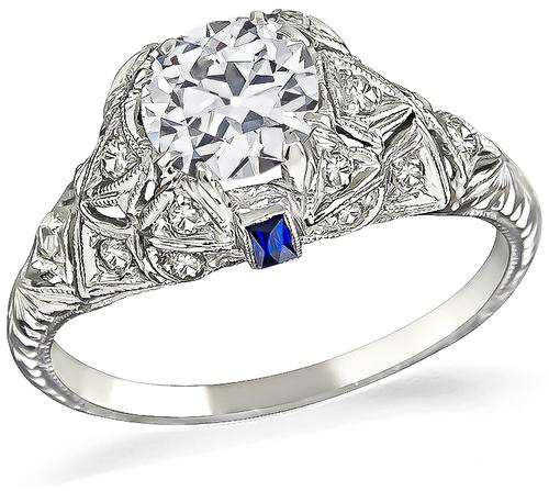 Art Deco Old European Cut Diamond Sapphire Platinum Engagement Ring