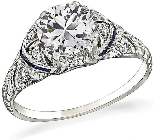 Art Deco Round Cut Diamond Sapphire Platinum Engagement Ring