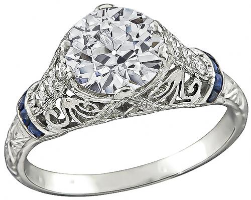 Art Deco Old Mine Cut Diamond Sapphire Platinum Engagement Ring