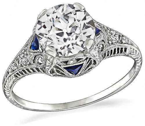 Art Deco Old European Cut Diamond Sapphire Platinum Engagement Ring