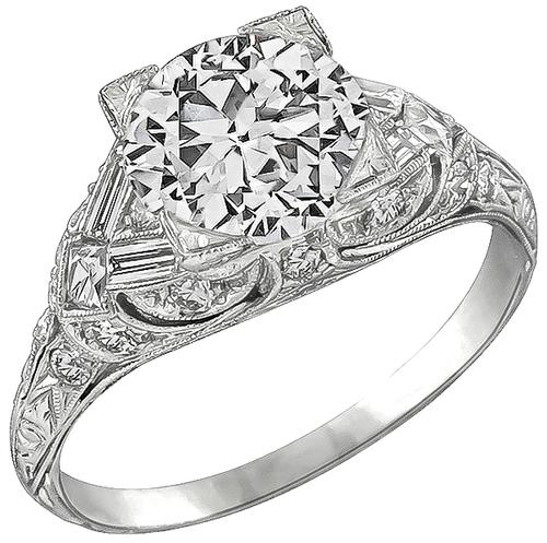 Art Deco Old Mine Cut Diamond Platinum Engagement Ring